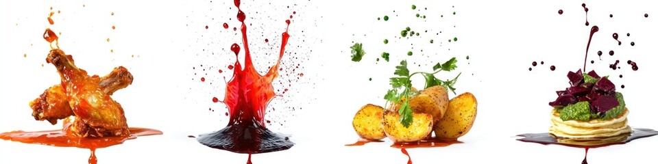 Cutout of set of 4 subjects: hot sauce dripping onto buffalo wings, chimichurri sauce splashing onto roasted potatoes, beetroot sauce cascading onto pancakes, isolated on white background
