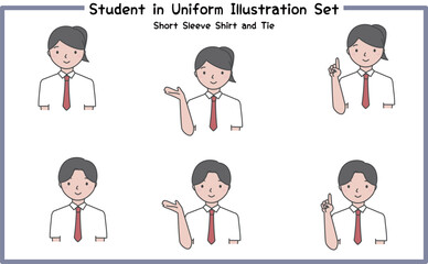 制服姿の学生 イラストセット4-3 (半袖シャツ＆ネクタイ) / Student in Uniform, Character Pose Set