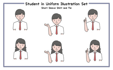 制服姿の学生 イラストセット4-2 (半袖シャツ＆ネクタイ) / Student in Uniform, Character Pose Set