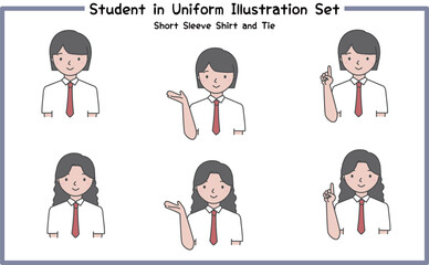 制服姿の学生 イラストセット4-4 (半袖シャツ＆ネクタイ) / Student in Uniform, Character Pose Set
