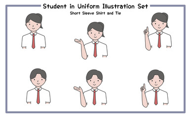 制服姿の学生 イラストセット4-3 (半袖シャツ＆ネクタイ) / Student in Uniform, Character Pose Set