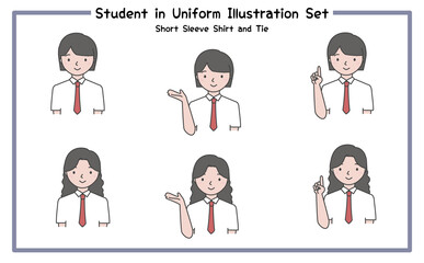 制服姿の学生 イラストセット4-4 (半袖シャツ＆ネクタイ) / Student in Uniform, Character Pose Set