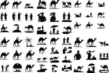 Man Walking Camel in Desert Silhouette Icon Set – Nomadic Scene Design Desert Man with Camel Silhouette Collection – Iconic Black Design