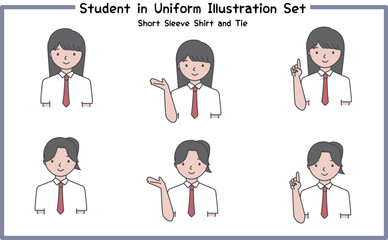 制服姿の学生 イラストセット4-5 (半袖シャツ＆ネクタイ) / Student in Uniform, Character Pose Set