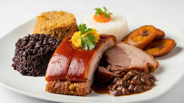 Lechon Asado, a classic Cuban dish of roasted pork with crispy skin, served with black beans, rice, and fried plantains on a white plate.
