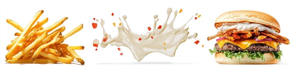 Cutout of set of 4 subjects, mayonnaise splashing onto crispy fries, a sandwich, isolated on white background