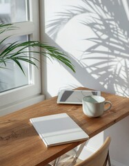 Minimalist summer workspace mockup, wooden desk with tropical palm leaf shadows
