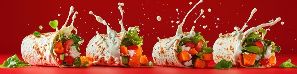 Cutout of set of 4 subjects, mayonnaise splashing onto a fresh veggie wrap, sweet potatoes, isolated on red background