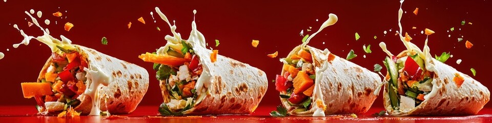 Cutout of set of 4 subjects, mayonnaise splashing onto a fresh veggie wrap, sweet potatoes, isolated on red background