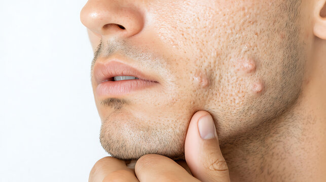 Close-up of a man's face with skin bumps. He's touching his face, possibly contemplating or examining them. Dermatology and skincare concepts. - Powered by Adobe