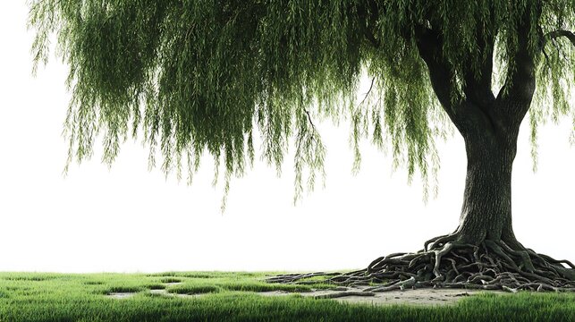 Majestic willow tree with extensive root system and overhanging branches in green grass photo