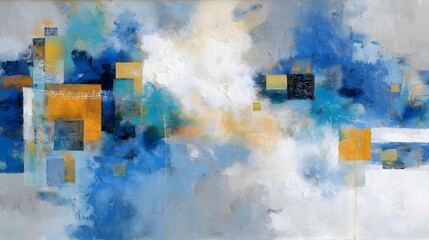 Dynamic Abstract Art Background with Blue, Gold, and White Textured Blocks and Brushstrokes