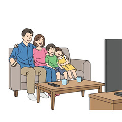 Cartoon illustration of a family of four sitting on a couch watching television together, with drinks on a table.