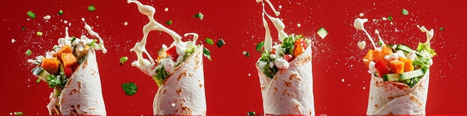 Cutout of set of 4 subjects, mayonnaise splashing onto a fresh veggie wrap, sweet potatoes, isolated on red background