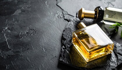 Elegant Perfume Bottles on Dark Stone Surface in Studio Setting Still Life