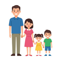A happy family of four, including a father, mother, daughter, and son, standing together and holding hands, smiling.