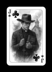 Jack of Clubs is a playing card for a deck in the Wild West style. Original design of the Jack of Clubs playing card with the image of a young priest in the Wild West setting