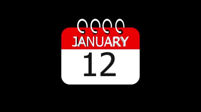day date 12 january concept template calendar page animation concept. Calendar with the date january 12 on a black background. january 12 - Daily Calendar Icon in flat design style. Time concept.