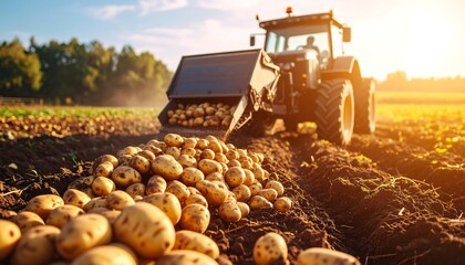 Tractor harvesting potatoes in field