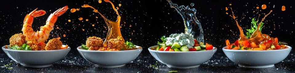 sweet chili sauce splashing onto a plate of grilled shrimp, tzatziki sauce splashing onto falafel, hoisin sauce splashing onto a bowl of stir-fried vegetables, isolated on black background