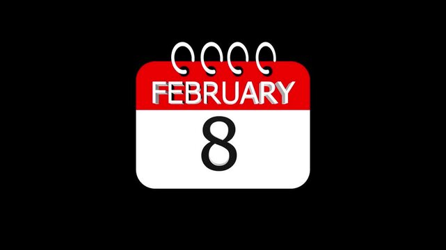 day date 8 february concept template calendar page animation concept. Calendar with the date february 8 on a black background. february 8 - Daily Calendar Icon in flat design style. Time concept.