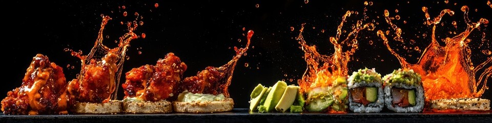  sweet chili sauce splashing onto crispy chicken wings, tzatziki sauce splashing onto pita bread with olives, wasabi sauce splashing onto a sushi platter with avocado, isolated on black background
