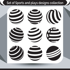 Nine Graphic Sports Ball Designs for Team Logos and Decorative Uses in Black and White Color