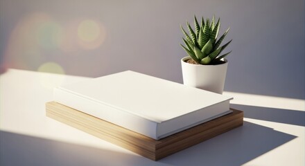 Blank white book on light wooden stand, beside small potted succulent. Soft lighting, simple aesthetic