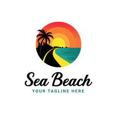 Sea Beach Logo with Sunrise and Palm Tree Silhouette