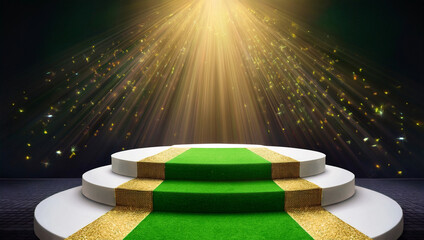 Elegant award podium with a green carpet and golden accents, illuminated by bright spotlight beams and sparkling light effects. Perfect for celebration, achievement, or luxury event visuals.