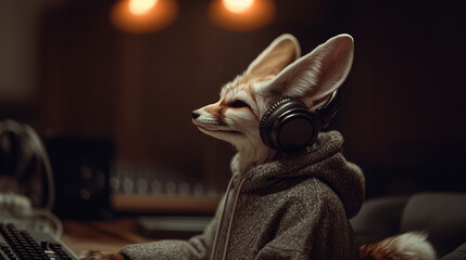 A fennec fox wearing headphones and a hoodie sits at a sound mixing desk, immersed in music creation in a cozy studio