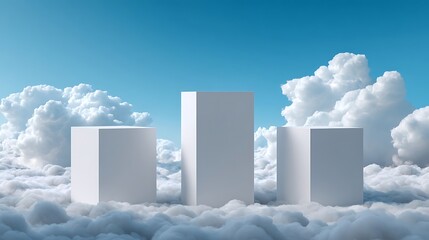Awesome photo of three white podiums floating among clouds with blue sky background.