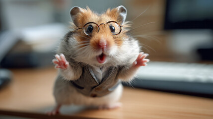 A surprised hamster in a business suit and glasses stands on a desk in an office setting, expressing shock with wide eyes and open mouth