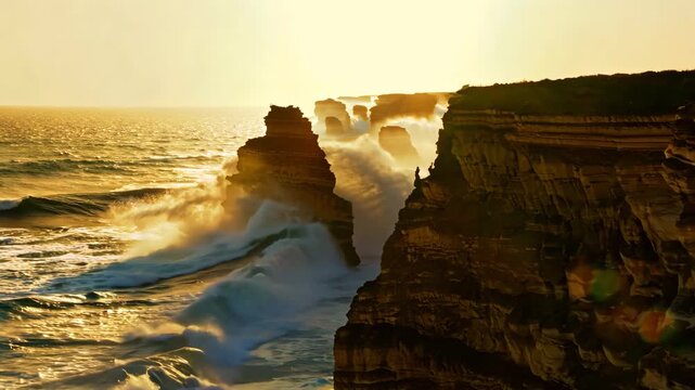 Side-view tracking shot along dolerite cliff face, foamy surf swirling at base