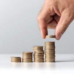 Hand placing coin on stack of coins showing financial growth and investment concept
