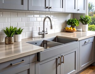 Modern gray kitchen with a double sink
