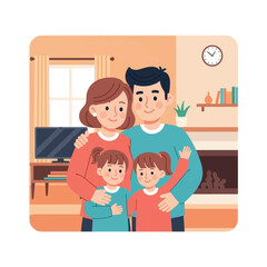 Happy family portrait inside a cozy living room, embracing and smiling.