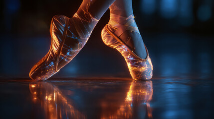 Urban dance elegance captured through glowing ballet shoes and light reflections. Merging tradition with futuristic expression