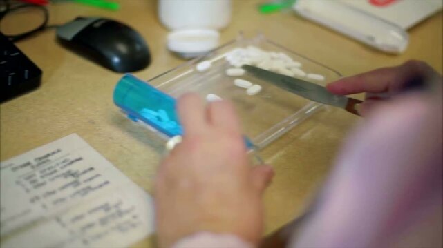 Pharmacy Technician Counting Pills for Prescription Order in Hospital Pharmacy


