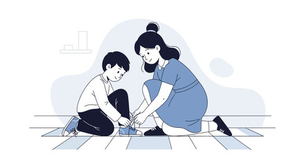 Loving mother tying her son's shoelaces in a heartwarming gesture of care and support