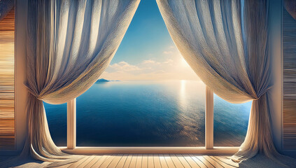 Elegant view through an open window with flowing curtains, revealing a serene ocean and glowing sunset. A peaceful interior scene evoking calm, luxury, and coastal tranquility.