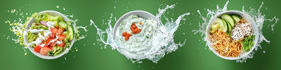  tzatziki sauce splashing onto a Mediterranean wrap with fresh veggies, wasabi sauce splashing onto a tuna poke bowl, hoisin sauce splashing onto a bowl of ramen noodles, isolated on green background