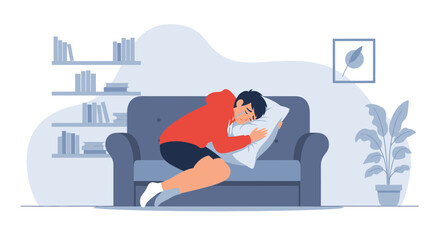 Fototapeta premium Man Taking a Nap on the Sofa in Cozy Living Room Illustration, Relaxing Moment