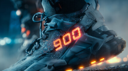 Close-up of gamer's foot in high-tech sneaker with glowing sole and "900" LED display, set in smoky cyberpunk arena