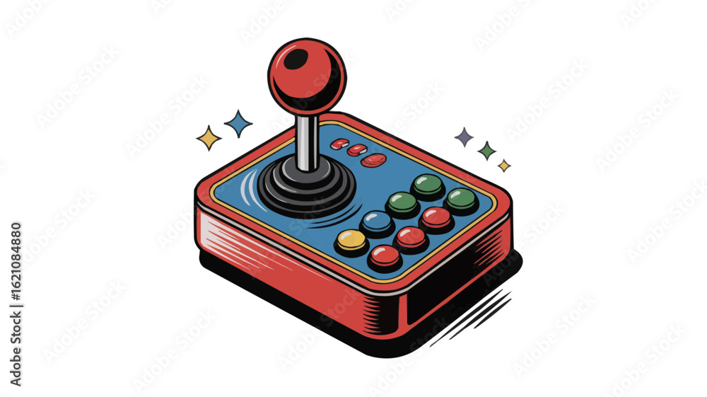 Poster illustration of a vintage arcade game joystick with multiple buttons and a red ball top controller o