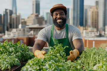 Smiling urban farmer tending to crops on a rooftop garden with skyscrapers in the background, showcasing sustainable city living.