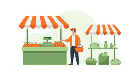 Man Buying Fresh Fruits at Farmers Market Stall with Weighing Scale