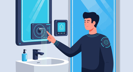 Man Using Advanced Technology Faucet in Futuristic Bathroom Design System