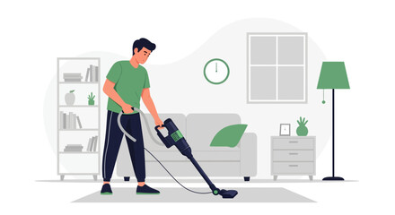 Obraz premium Man Vacuuming The Living Room Floor For Housekeeping And Cleaning Service
