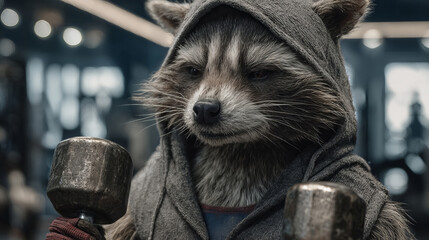 Focused raccoon wearing a hoodie and lifting weights, symbolizing discipline, self-improvement, and fitness goals